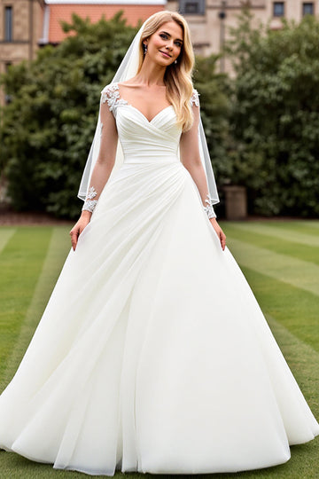 Classic Ivory Ruched A Line Lace Long Sleeve Wedding Dress